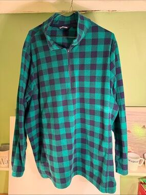 Lands' End Men's Teal and Navy Check Half-Zip Fleece